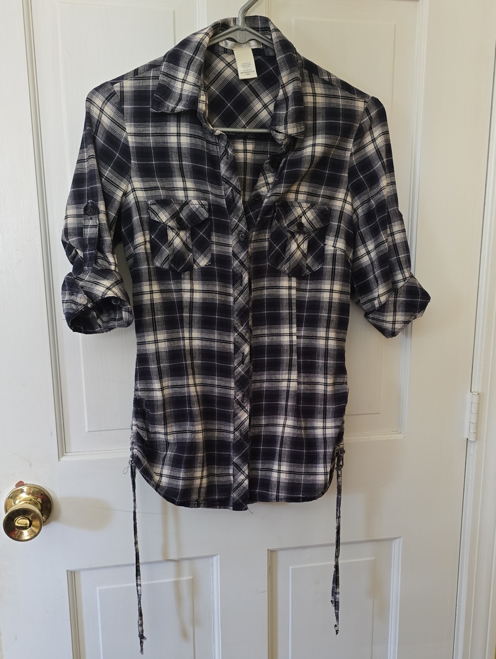Charlotte Russe Navy Blue and White Plaid Button-Up Shirt